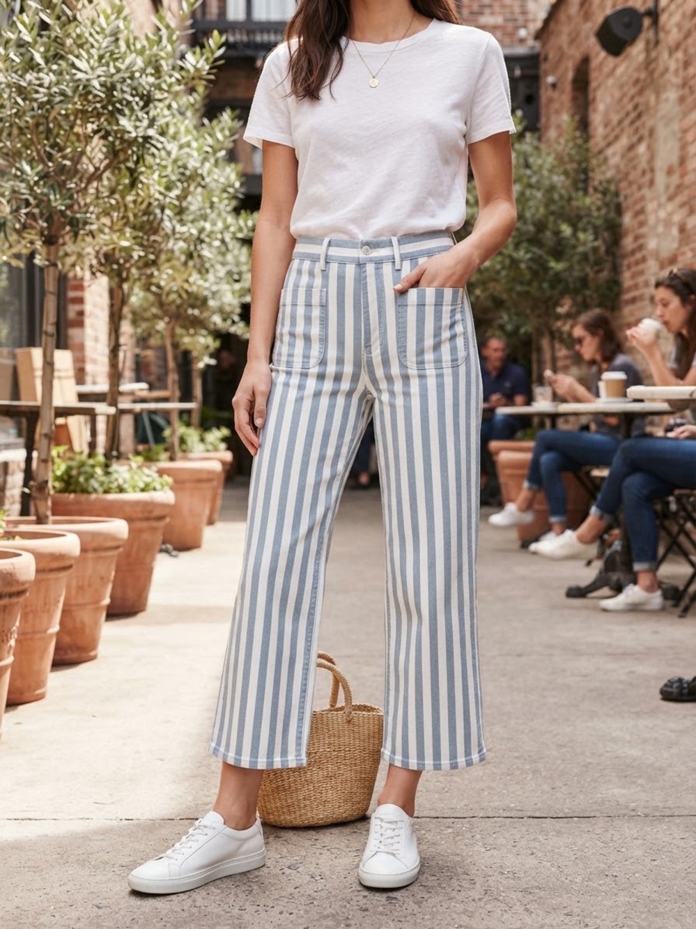 Madewell Blue & White Striped Wide-Leg Crop Pants Size 26 Patch Pockets